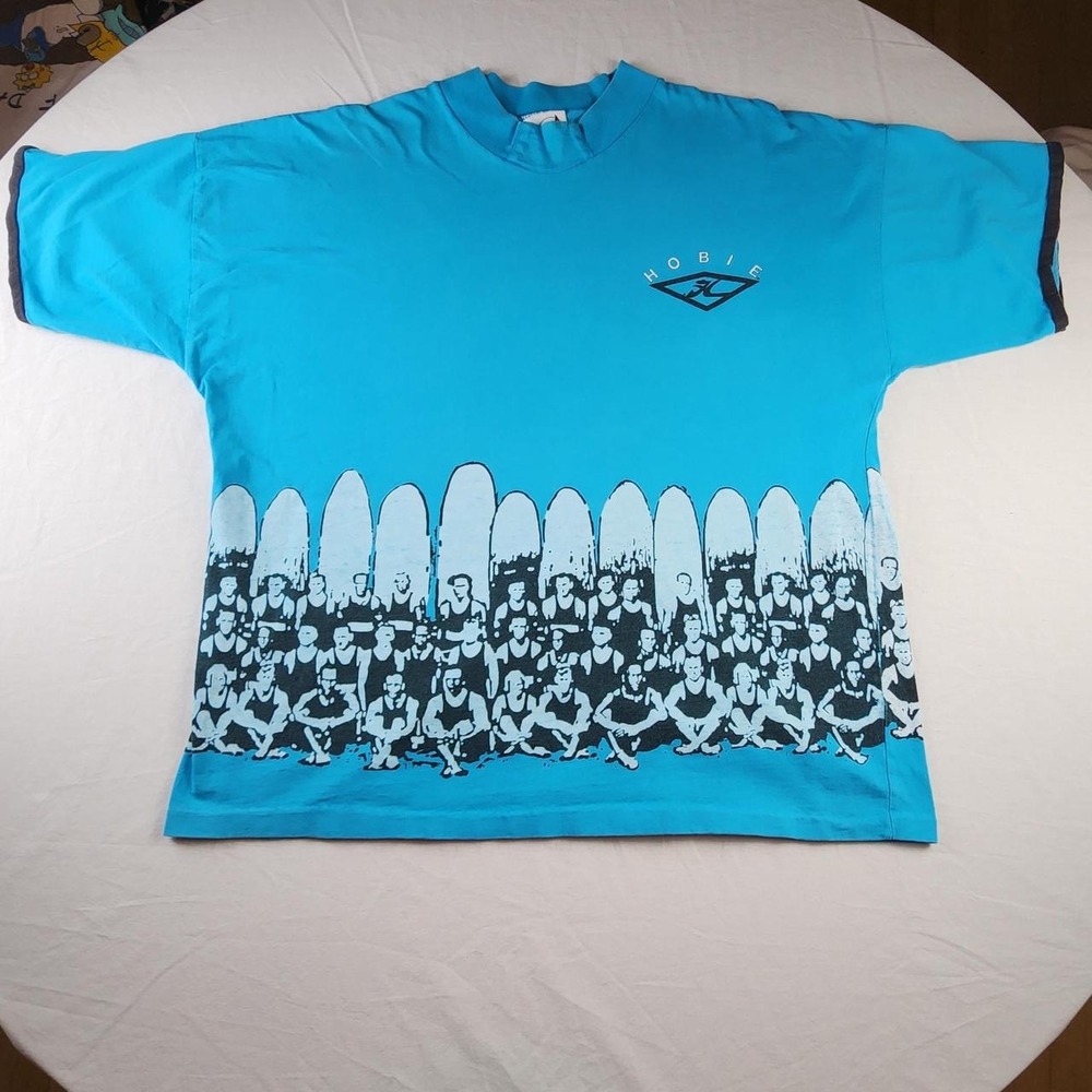 Vintage 80s Hobie Surf T Shirt Blue Single Stitch Wrap Around Graphic Mens XL